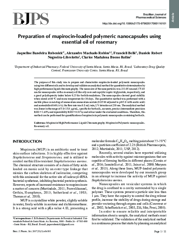 (PDF) Preparation of mupirocin-loaded polymeric nanocapsules using ...