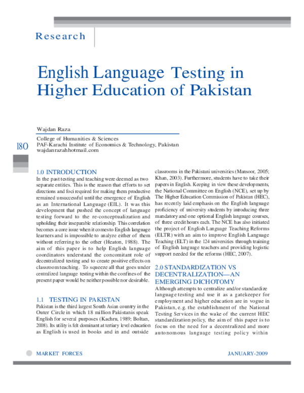 (PDF) English Language Testing in Higher Education of Pakistan