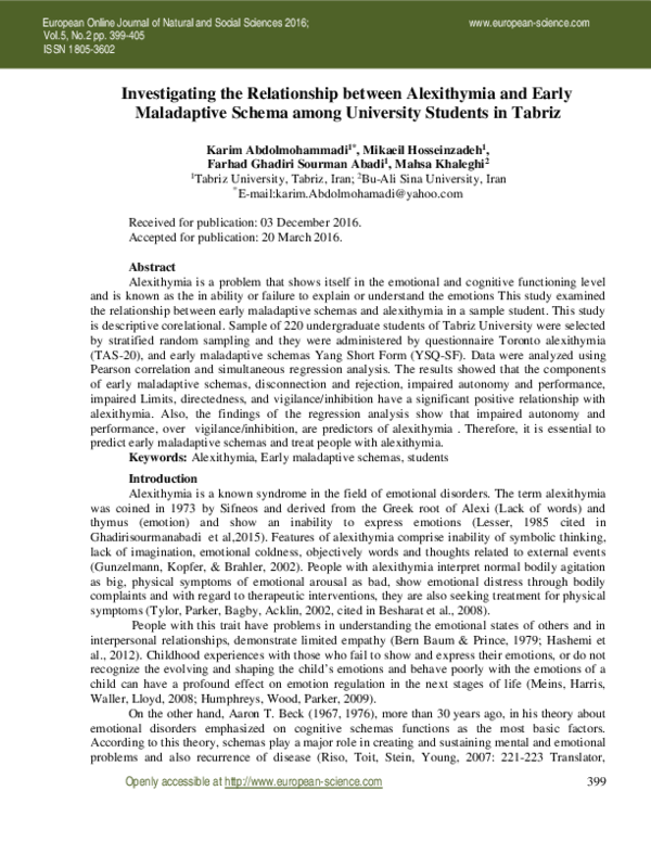 (PDF) Investigating the Relationship between Alexithymia and Early ...
