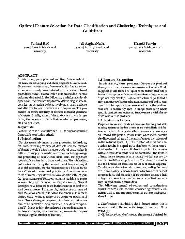 (PDF) Optimal Feature Selection for Data Classification and Clustering ...