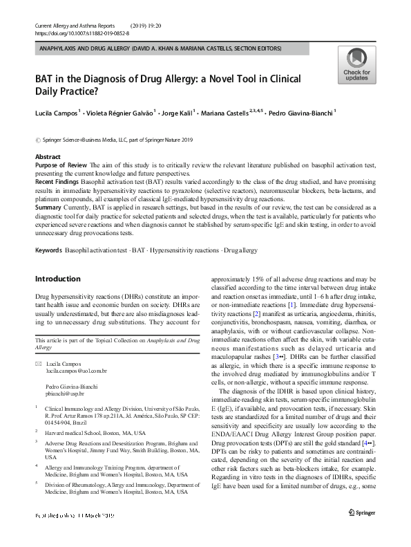 (PDF) BAT in the Diagnosis of Drug Allergy: a Novel Tool in Clinical ...