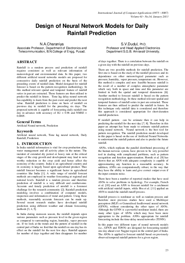 (PDF) Design of Neural Network models for Daily Rainfall Prediction