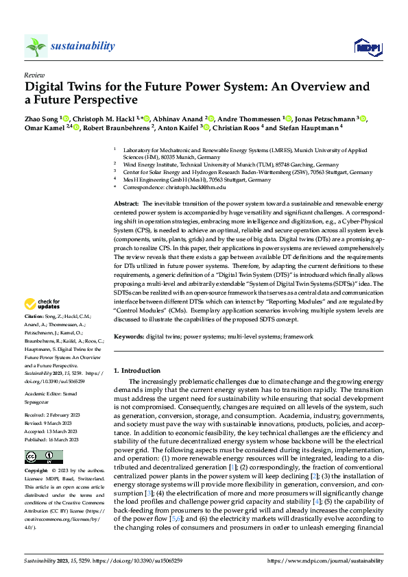 (PDF) Digital Twins for the Future Power System: An Overview and a ...