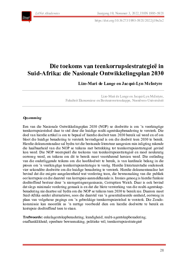 (PDF) Die toekoms van teenkorrupsiestrategieë in Suid-Afrika: die ...