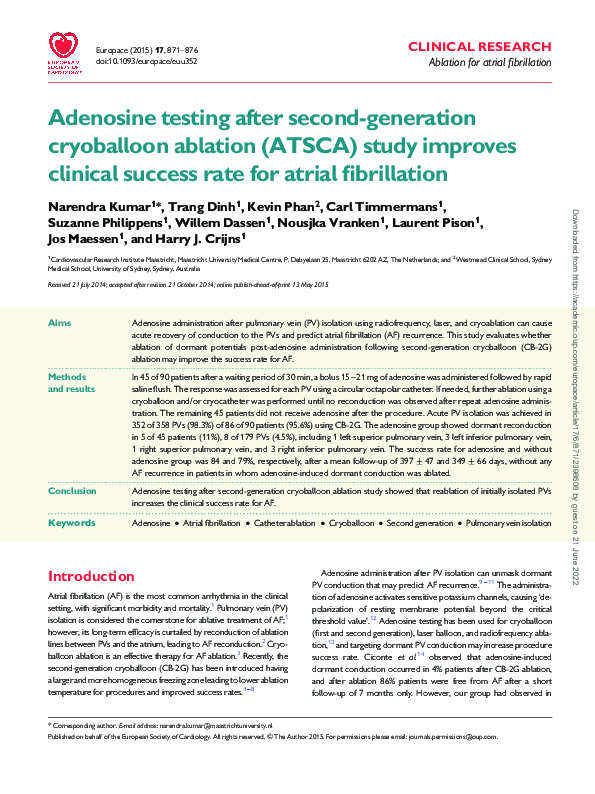 (PDF) Adenosine testing after second-generation cryoballoon ablation ...