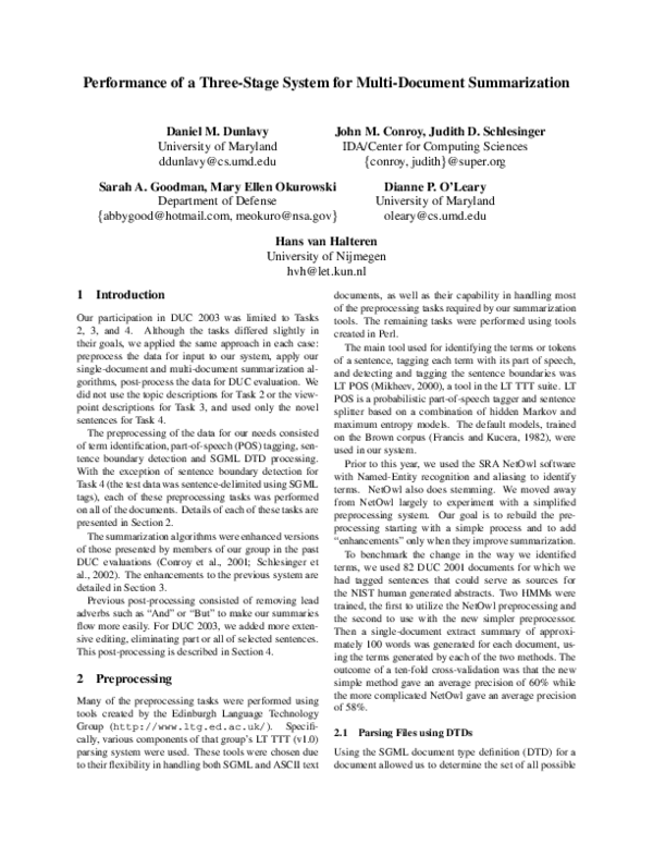 (PDF) Performance of a three-stage system for multi-document summarization