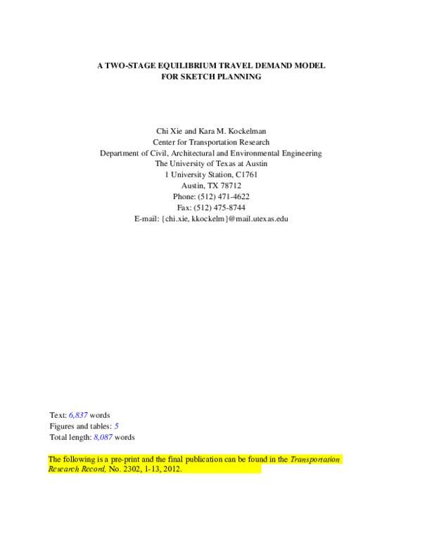 (PDF) Two-Stage Equilibrium Travel Demand Model for Sketch Planning