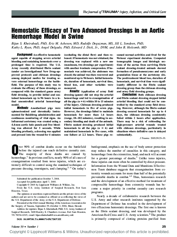 (PDF) Hemostatic Efficacy of Two Advanced Dressings in an Aortic