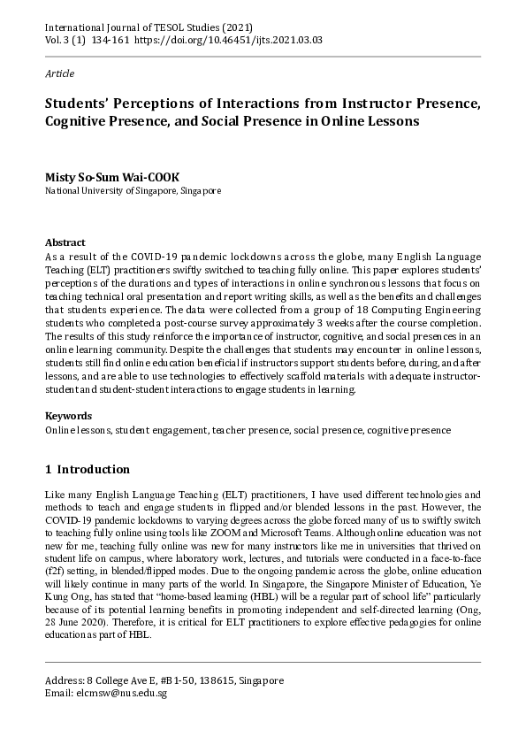 (PDF) Students’ Perceptions of Interactions from Instructor Presence ...