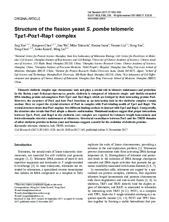 (PDF) Structure of the fission yeast S. pombe telomeric Tpz1-Poz1-Rap1 ...