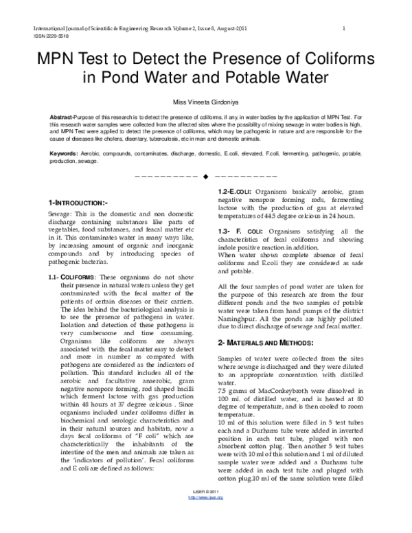 (PDF) MPN Test to detect the presence of coliforms in pond water and ...