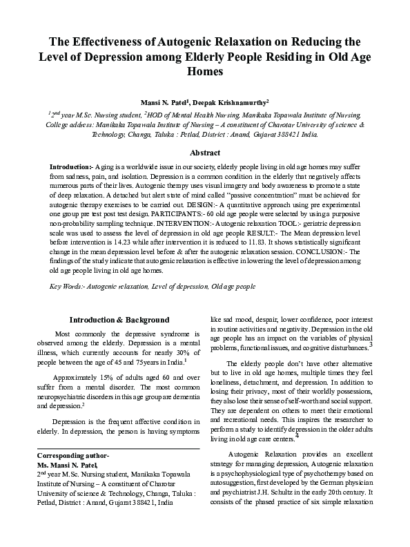 (PDF) The Effectiveness of Autogenic Relaxation on Reducing the Level ...
