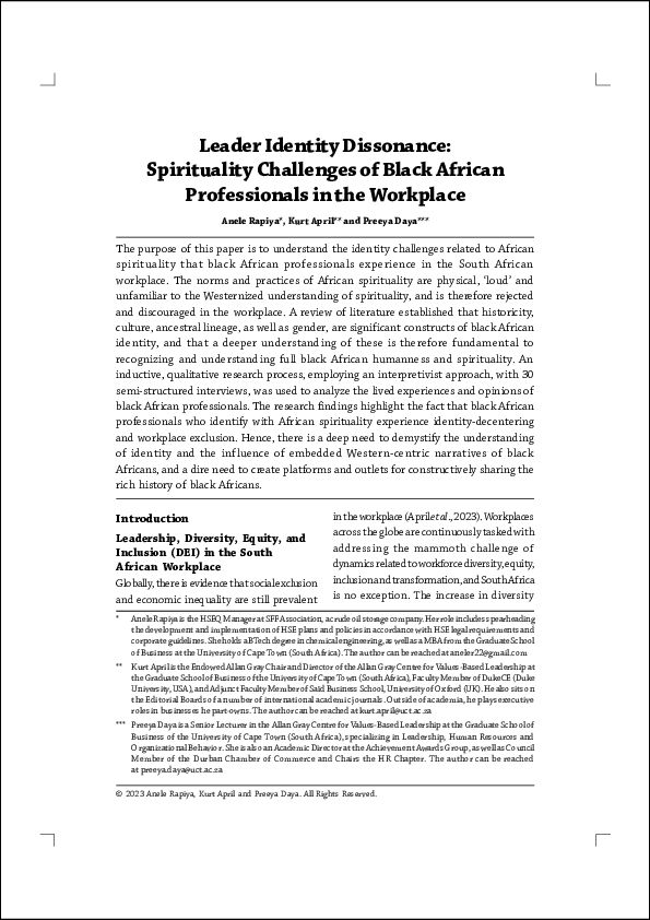 (PDF) Leader Identity Dissonance: Spirituality Challenges of Black ...