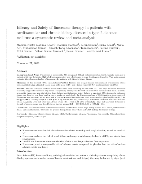 (PDF) Efficacy and Safety of finerenone therapy in patients with ...