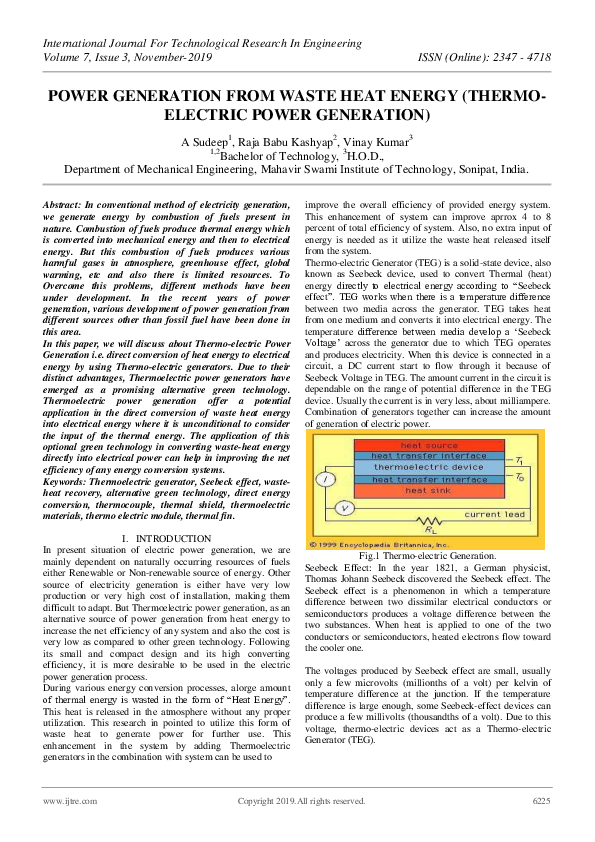 (PDF) Power Generation from Waste Heat Energy (Thermo Electric Power