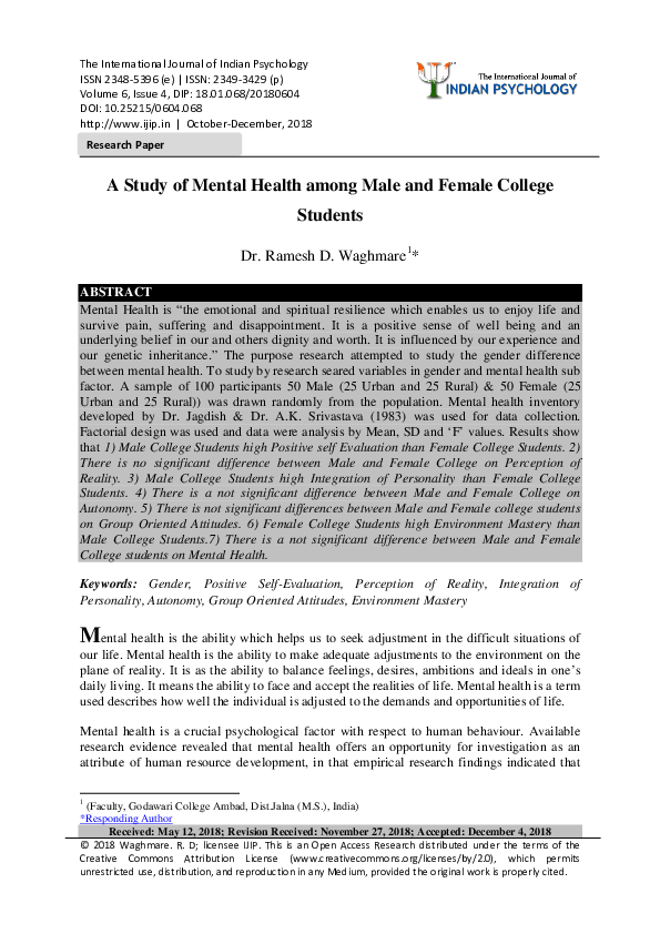 (PDF) A Study of Mental Health among Male and Female College Students