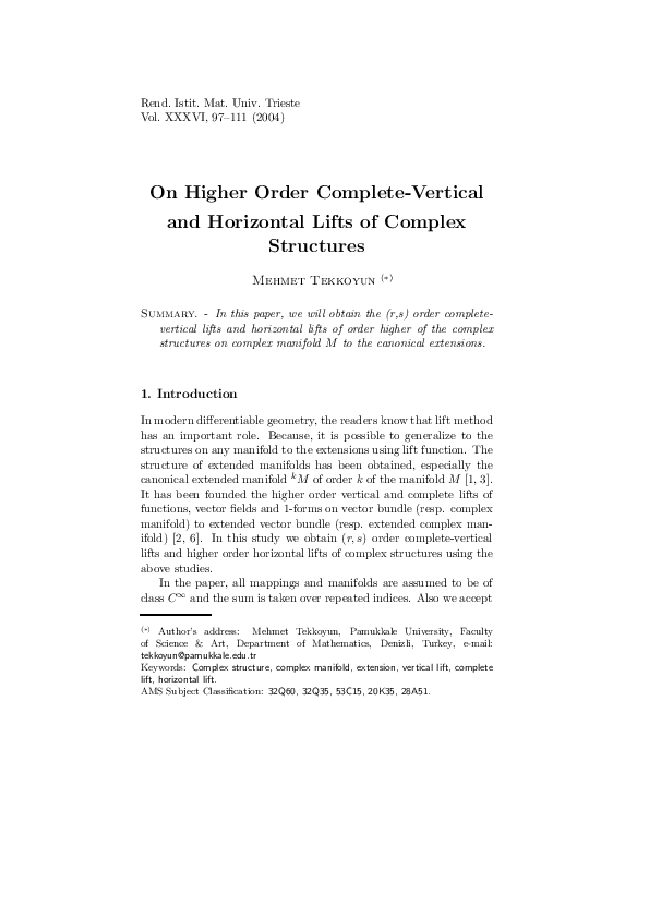 (PDF) On Higher Order CompleteVertical and Horizontal Lifts of Complex