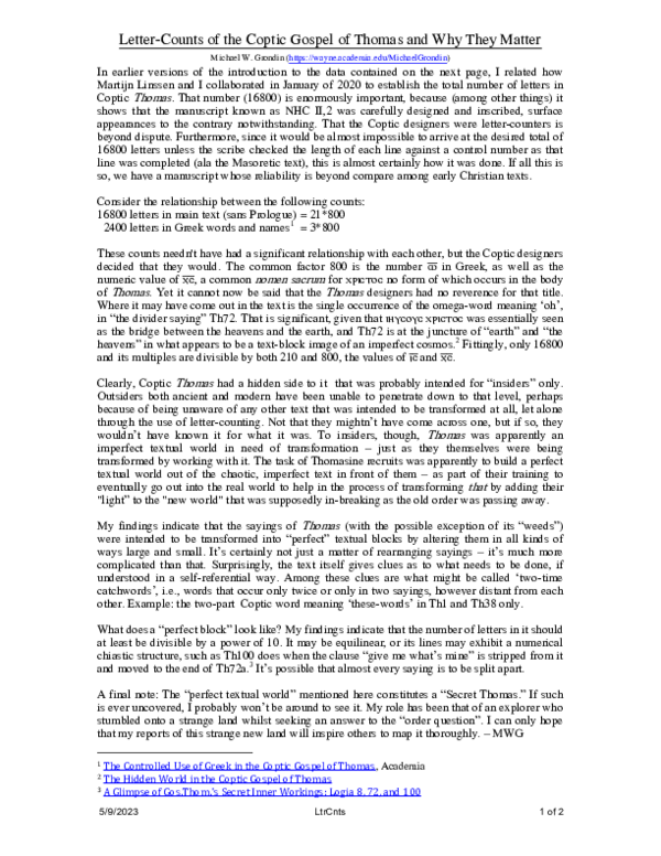 (PDF) Letter-Counts of the Coptic Gospel of Thomas and Why They Matter