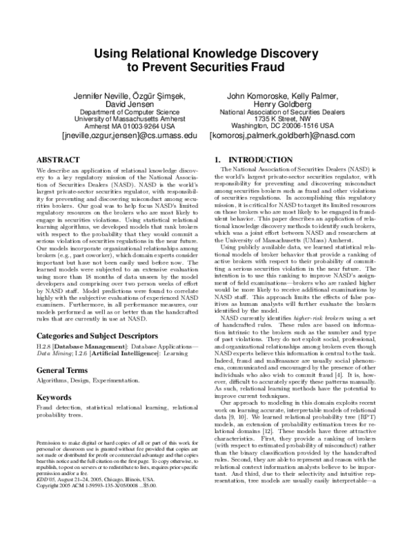 (PDF) Using relational knowledge discovery to prevent securities fraud