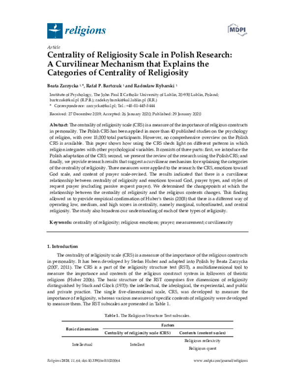(PDF) Centrality of Religiosity Scale in Polish Research: A Curvilinear ...