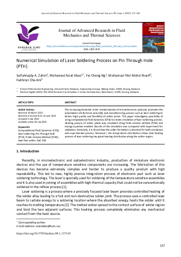 (PDF) Numerical Simulation of Laser Soldering Process on Pin Through ...