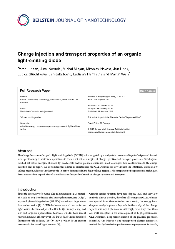 (PDF) Charge injection and transport properties of an organic light ...