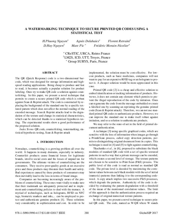 (PDF) A watermarking technique to secure printed QR codes using a ...