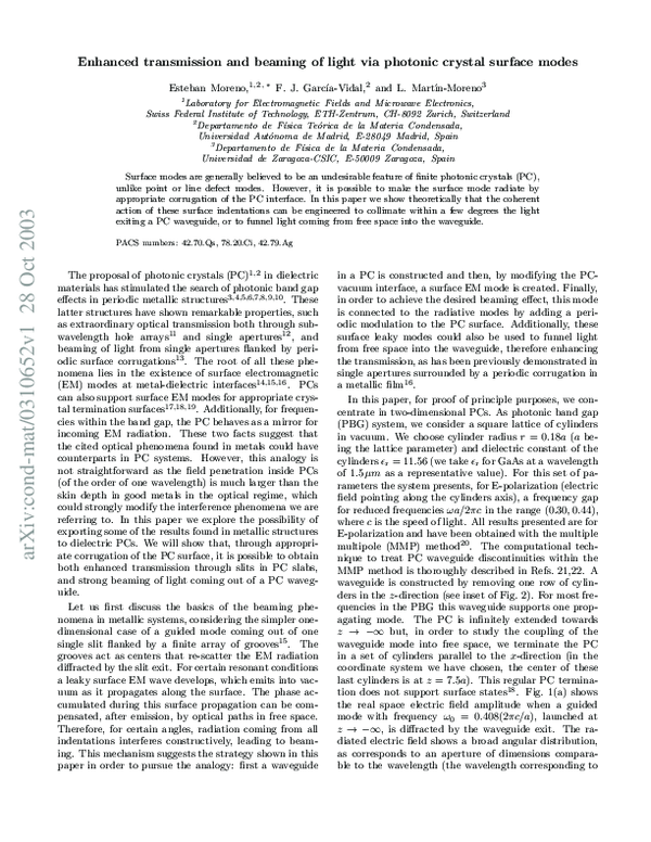 (PDF) Enhanced transmission and beaming of light via photonic crystal ...