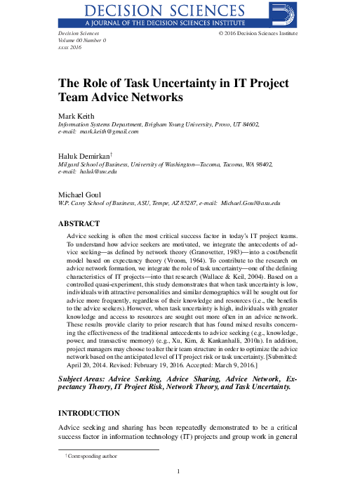 (PDF) The Role of Task Uncertainty in IT Project Team Advice Networks