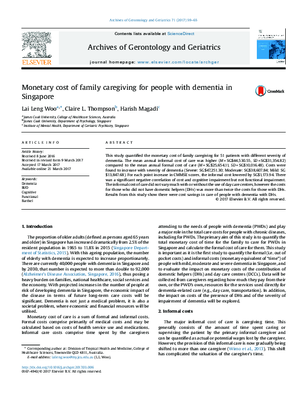 (PDF) Monetary cost of family caregiving for people with dementia in ...