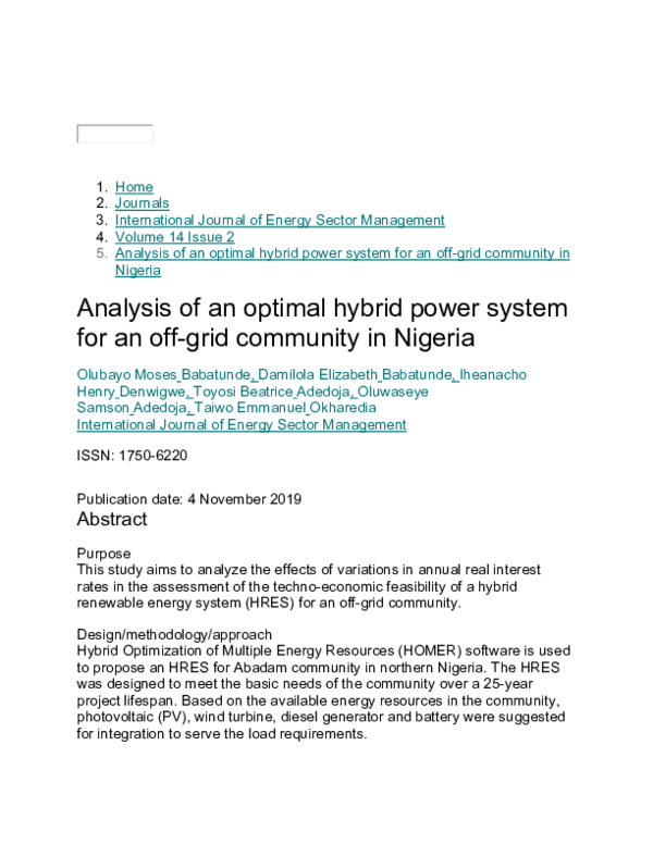 (PDF) Analysis of an optimal hybrid power system for an off-grid ...
