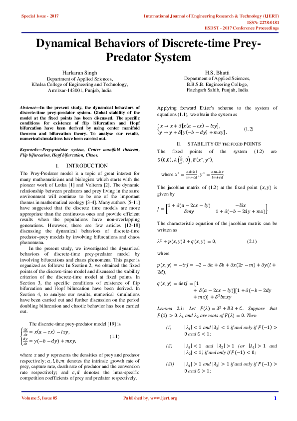 (PDF) Dynamical Behaviors of Discrete-time Prey-Predator System