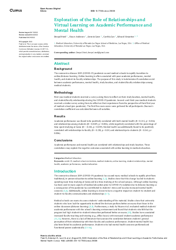 (PDF) Exploration of the Role of Relationships and Virtual Learning on ...