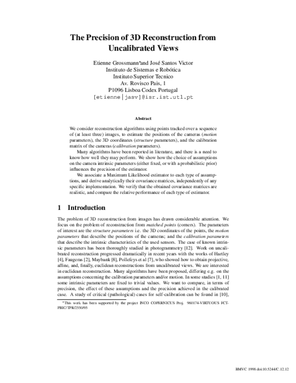 (PDF) The Precision of 3D Reconstruction from Uncalibrated Views