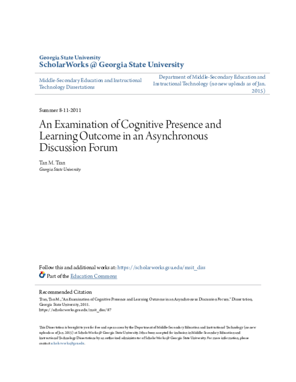 (PDF) An Examination of Cognitive Presence and Learning Outcome in an ...