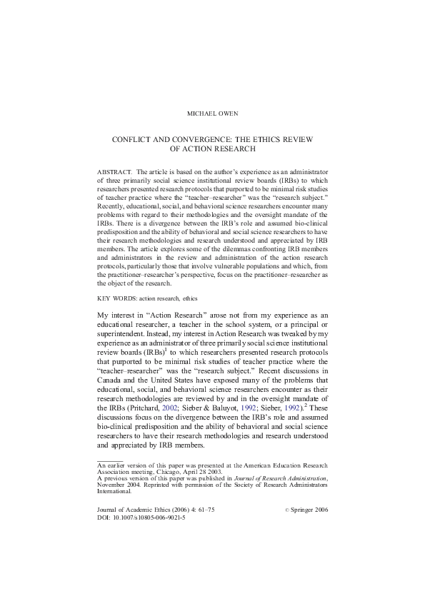 (PDF) Conflict and Convergence: The Ethics Review of Action Research
