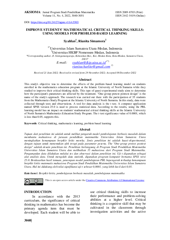 (PDF) Improve Students' Mathematical Critical Thinking Skills Sumatera ...