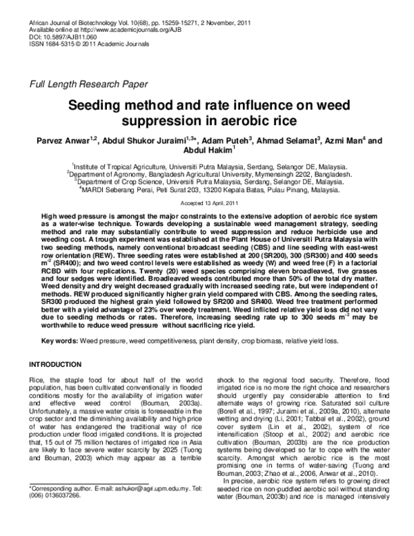 (PDF) Seeding method and rate influence on weed suppression in aerobic rice