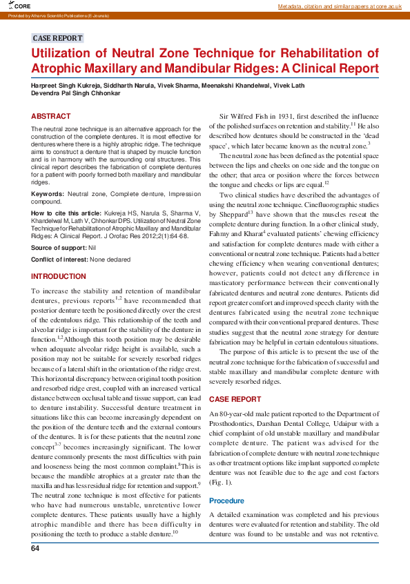 (PDF) Utilization of Neutral Zone Technique for Rehabilitation of Atrophic Maxillary and