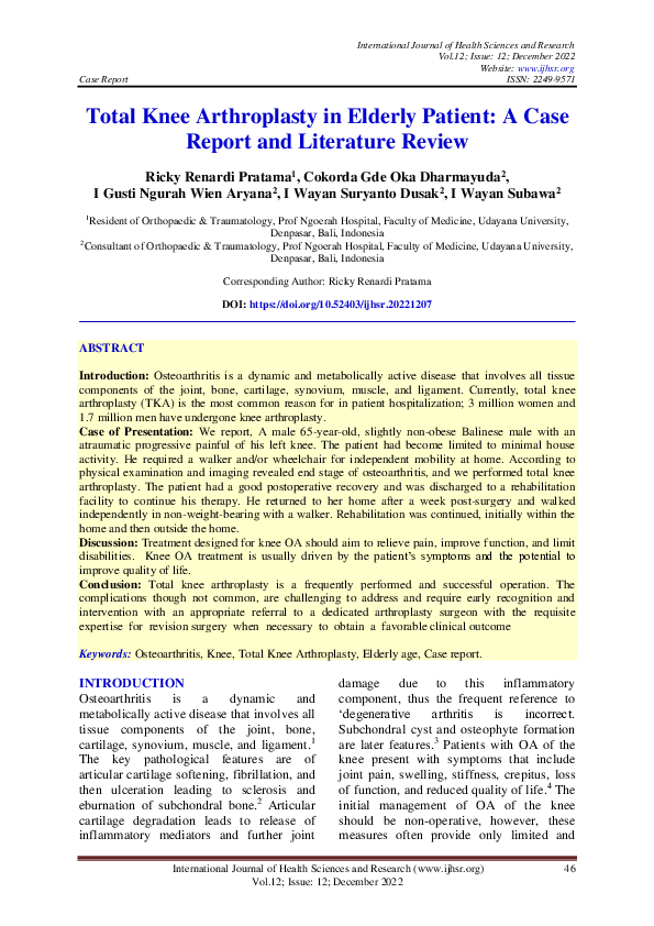 (PDF) Total Knee Arthroplasty in Elderly Patient A Case Report and Literature Review