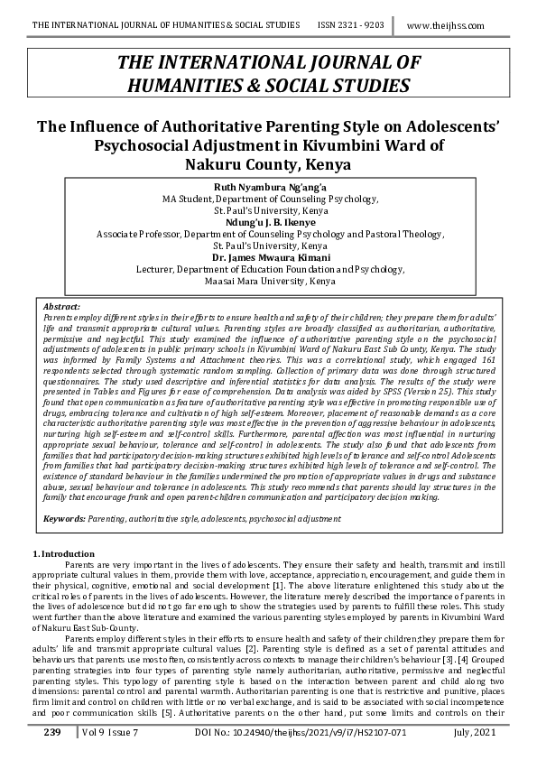(PDF) The Influence of Authoritative Parenting Style on Adolescents ...