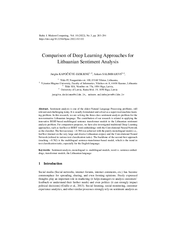 (PDF) Comparison of Deep Learning Approaches for Lithuanian Sentiment ...