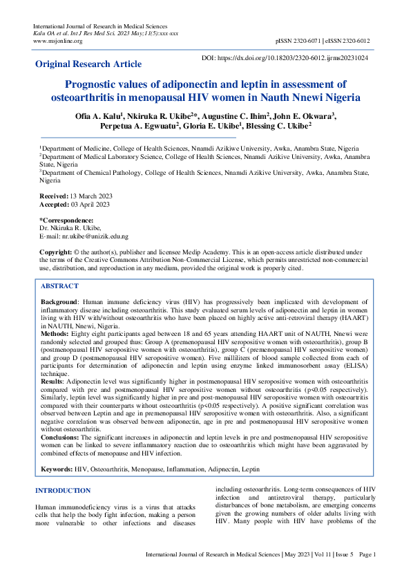 (PDF) Prognostic values of adiponectin and leptin in assessment of ...