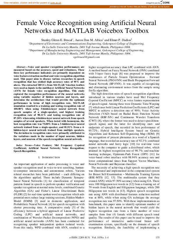 (PDF) Female Voice Recognition Using Artificial Neural Networks and ...