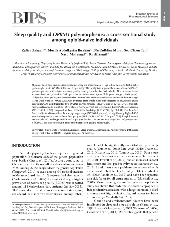 (PDF) Sleep quality and OPRM1 polymorphisms: a cross-sectional study ...