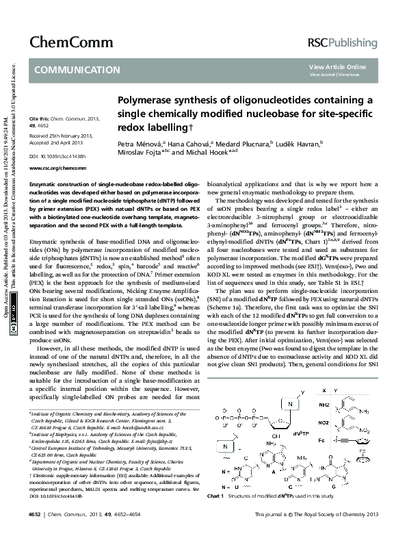 (PDF) Polymerase synthesis of oligonucleotides containing a single ...
