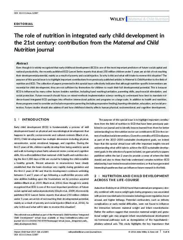 (PDF) The role of nutrition in integrated early child development in ...