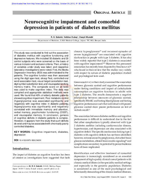 (PDF) Neurocognitive impairment and comorbid depression in patients of ...