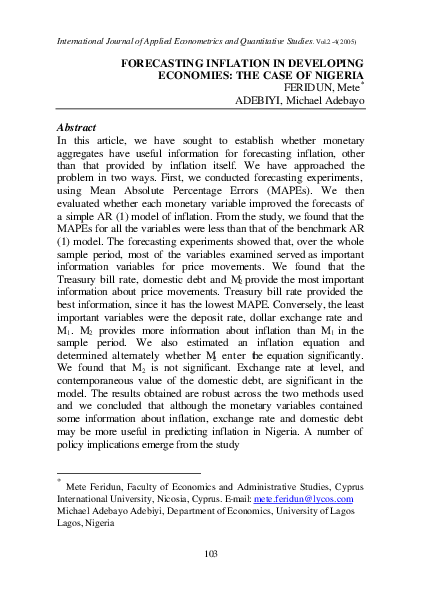 (PDF) Forecasting inflation in developing economies: the case of Nigeria