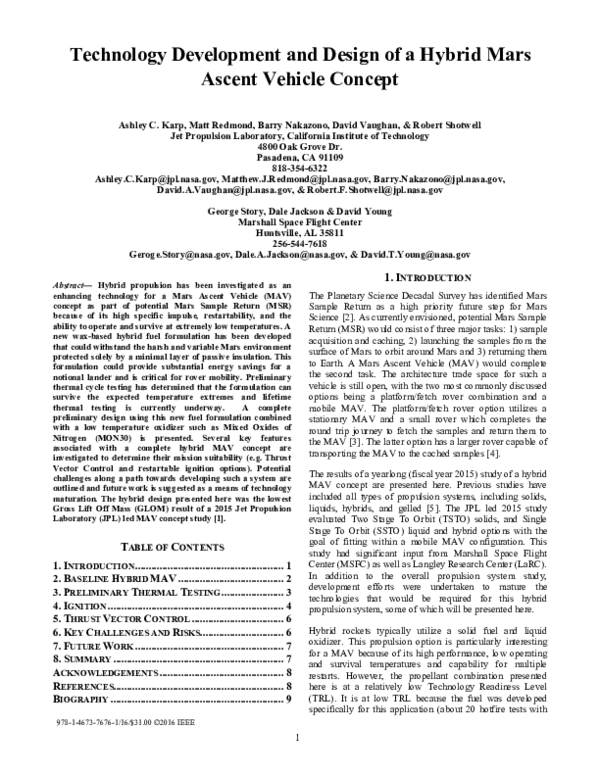 (PDF) Technology development and design of a hybrid Mars ascent vehicle ...
